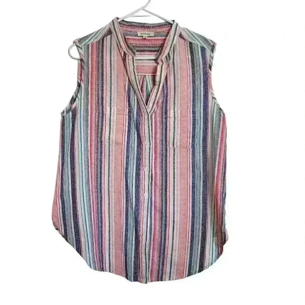 Max Studio Women's White/Pink/Navy/Aqua Striped Cotton Sleeveless Button Down To